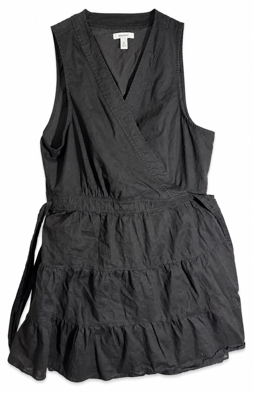 Nine West Women’s XL Black Sleeveless Tiered True Wrap Dress Tie Waist